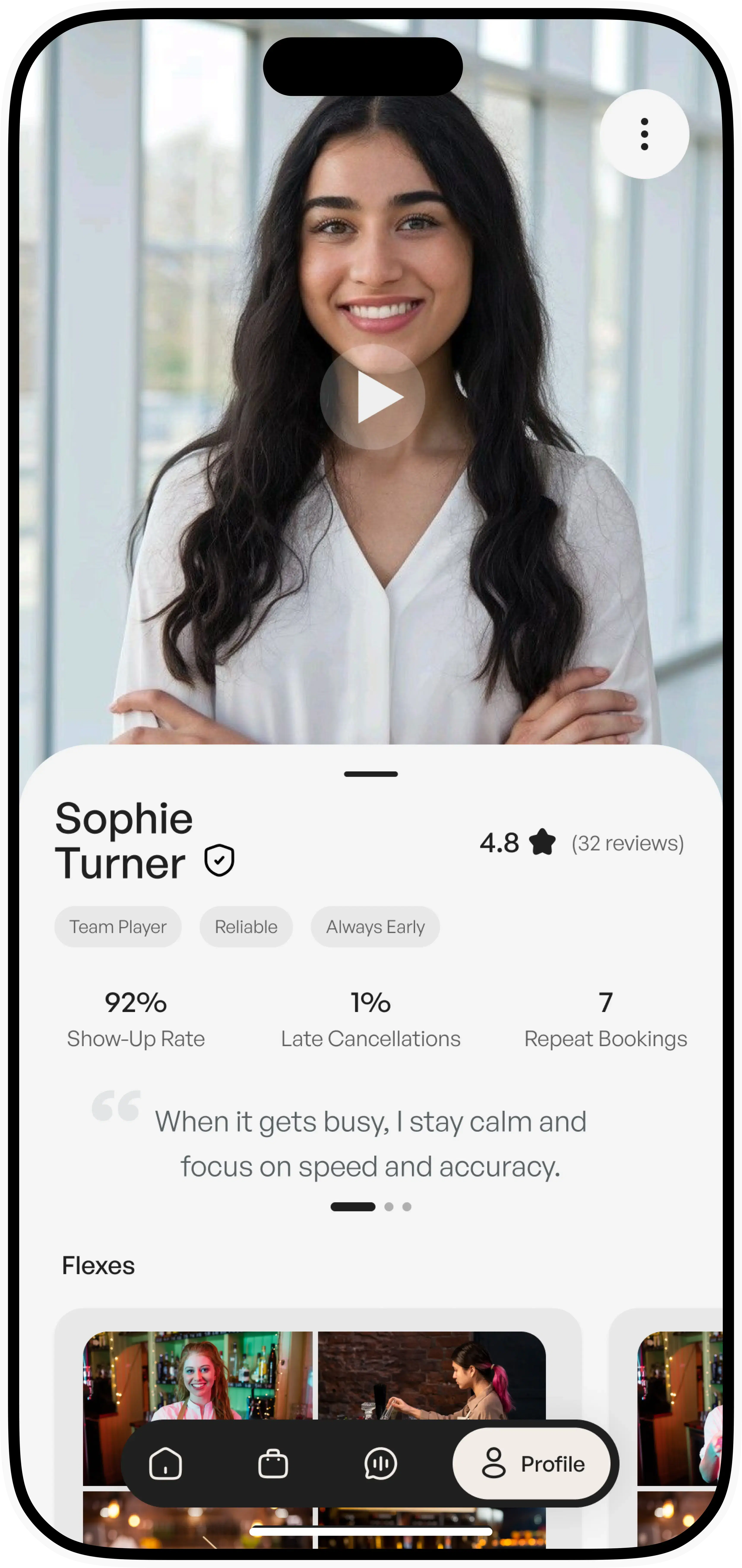 FLEXSHFT worker app — Sophie Turner profile showing 4.8 star rating, FlexScore 94, 47 completed shifts, and Bartender / Event Staff / Sales Assistant skills