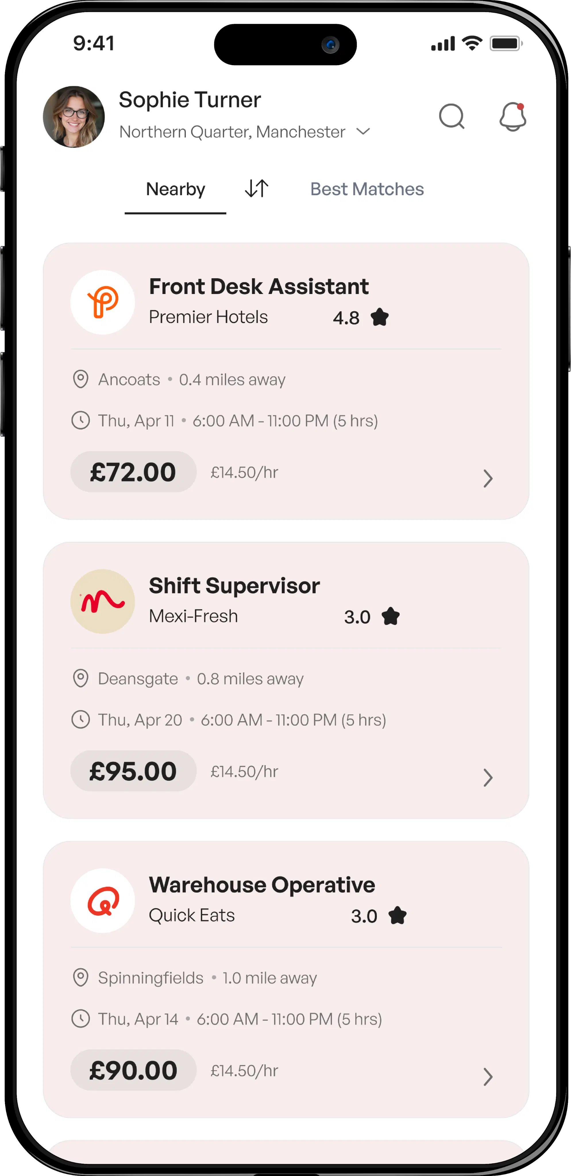 FLEXSHFT app on mobile showing a hospitality worker profile
