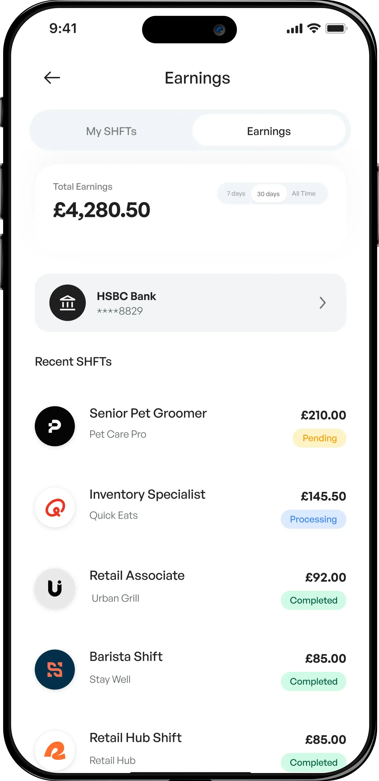 FLEXSHFT app on mobile showing earnings dashboard